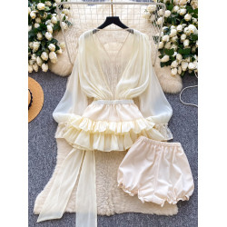 仙女氛圍感小衆蝴蝶結綁帶收腰蕾絲拼接長袖荷葉邊網紗連衣裙短褲