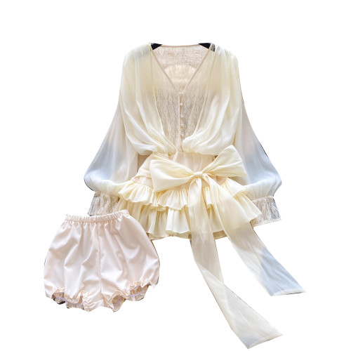 仙女氛圍感小衆蝴蝶結綁帶收腰蕾絲拼接長袖荷葉邊網紗連衣裙短褲