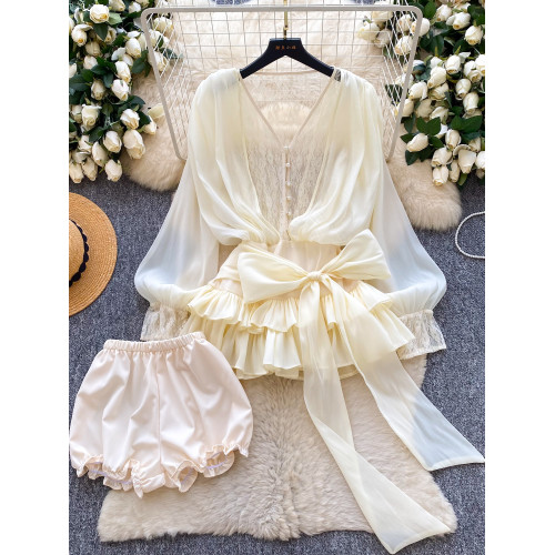 仙女氛圍感小衆蝴蝶結綁帶收腰蕾絲拼接長袖荷葉邊網紗連衣裙短褲