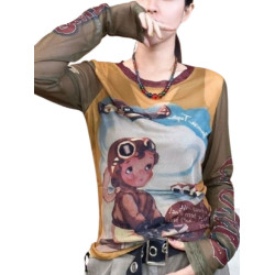 今年流行的網紗長袖t恤女歐貨洋氣時尚韓版顯瘦撞色上衣設計感潮