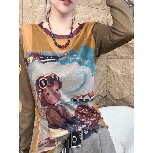 今年流行的網紗長袖t恤女歐貨洋氣時尚韓版顯瘦撞色上衣設計感潮