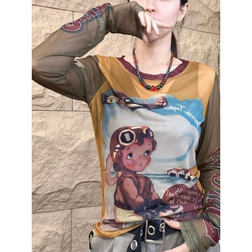 今年流行的網紗長袖t恤女歐貨洋氣時尚韓版顯瘦撞色上衣設計感潮