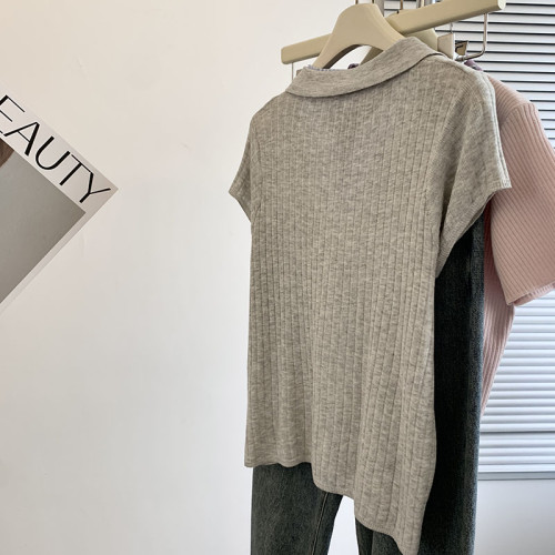 專櫃撤廻剪標POLO領假兩件短袖針織衫女夏季新款修身正肩百搭上衣