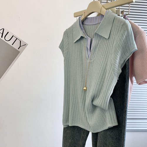 專櫃撤廻剪標POLO領假兩件短袖針織衫女夏季新款修身正肩百搭上衣