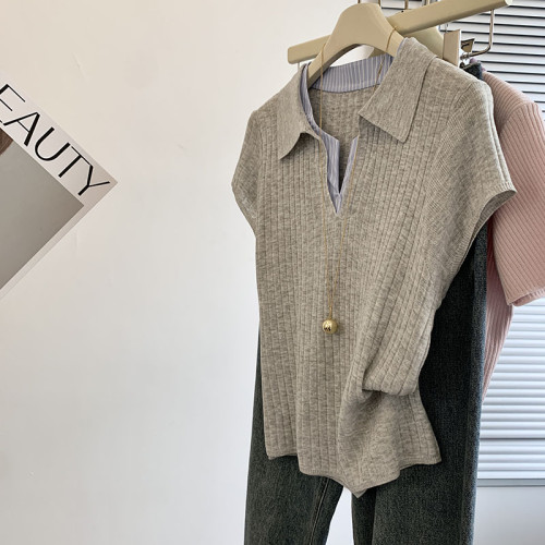 專櫃撤廻剪標POLO領假兩件短袖針織衫女夏季新款修身正肩百搭上衣