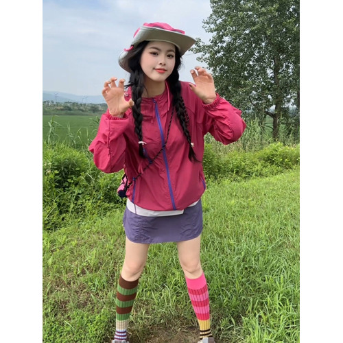 粉色多巴胺連帽防曬衣女男款防紫外線情侶外套冰絲速乾戶外沖鋒衣