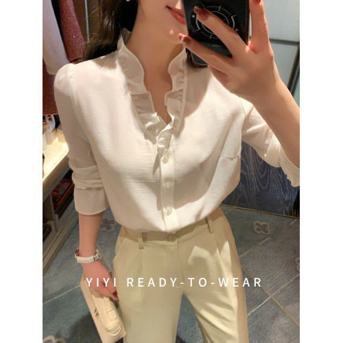 [春日萬金油]小個子法式 V 領荷葉邊襯衫女2026新款春季白色內搭