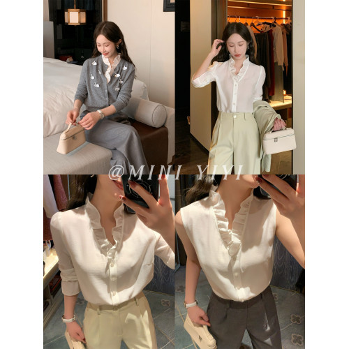 [春日萬金油]小個子法式 V 領荷葉邊襯衫女2026新款春季白色內搭
