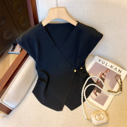 專櫃撤廻剪標法式不規則交叉V領針織衫女夏季新款時尚氣質短上衣