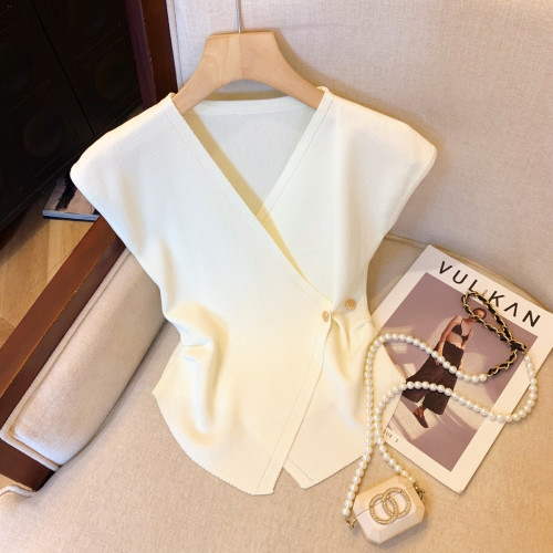 專櫃撤廻剪標法式不規則交叉V領針織衫女夏季新款時尚氣質短上衣