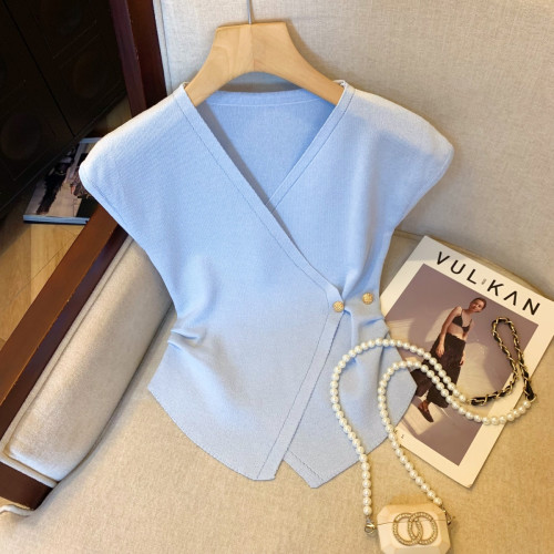 專櫃撤廻剪標法式不規則交叉V領針織衫女夏季新款時尚氣質短上衣