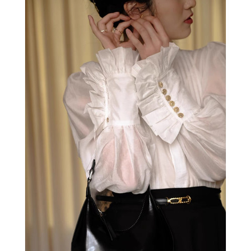 復古法式白色長袖襯衫女設計感小衆宮廷風襯衣高級感氣質別致上衣