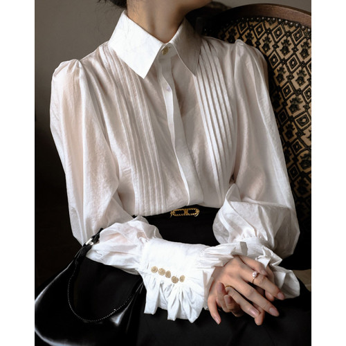 復古法式白色長袖襯衫女設計感小衆宮廷風襯衣高級感氣質別致上衣