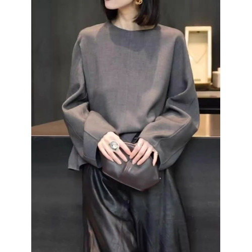 歐貨灰色圓領長袖襯衫女春季大碼胖MM顯瘦氣質百搭寬鬆獨特上衣潮