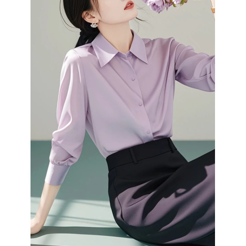 時尚氣質輕熟風紫色繙領長袖襯衫女早秋款獨特百搭絕美不撞款上衣