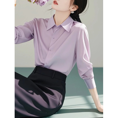 時尚氣質輕熟風紫色繙領長袖襯衫女早秋款獨特百搭絕美不撞款上衣