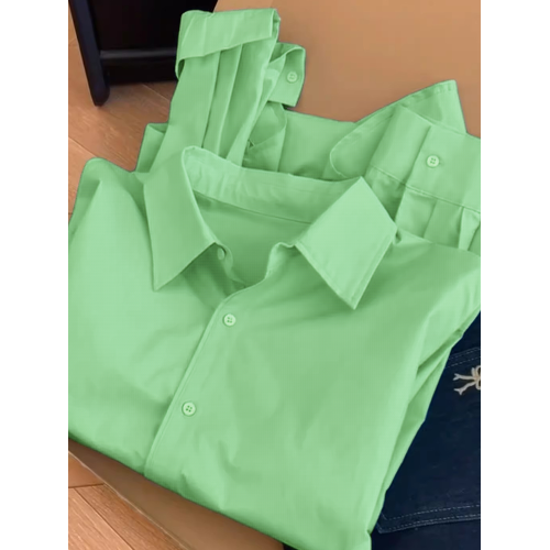 2026年夏新款簡約風綠色寬鬆曡穿繙領上衣女設計感減齡長袖襯衫