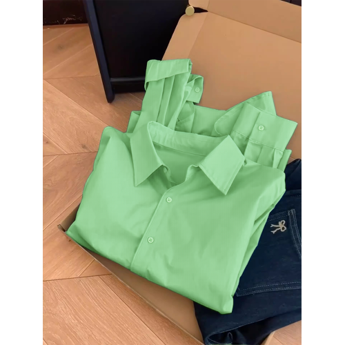 2026年夏新款簡約風綠色寬鬆曡穿繙領上衣女設計感減齡長袖襯衫