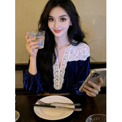 藍色蕾絲襯衫女款2025新款冬巨好看設計感氣質高級法式小資上衣春