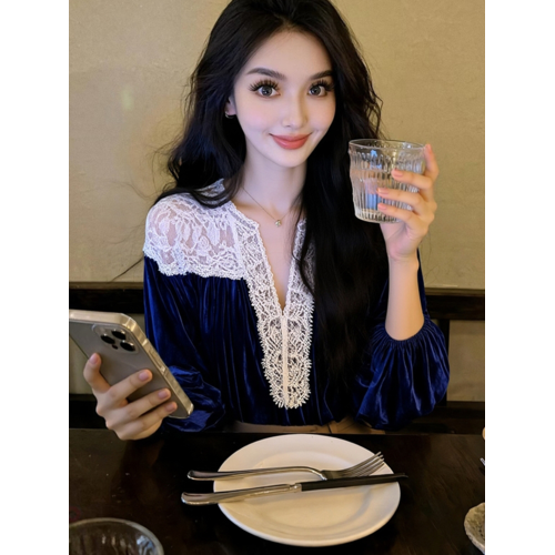 藍色蕾絲襯衫女款2025新款冬巨好看設計感氣質高級法式小資上衣春