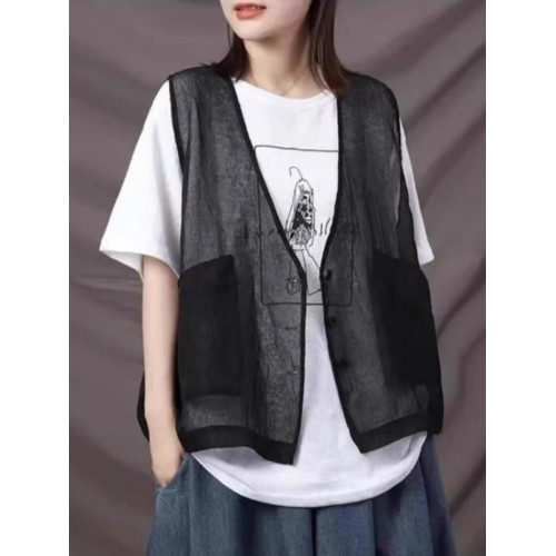 胖mm寬鬆大碼文藝休閒開衫馬夾女夏薄款開衫外搭上衣百搭無袖馬甲