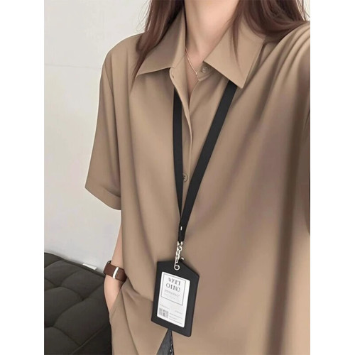 卡其色冰絲短袖襯衫女夏季薄款輕職場通勤穿搭襯衣情侶裝半袖外套