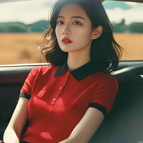 紅色拼接撞色繙領針織正肩短袖T恤竪紋肌理感薄款夏季女韓系上衣