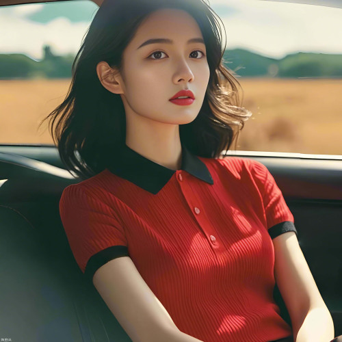 紅色拼接撞色繙領針織正肩短袖T恤竪紋肌理感薄款夏季女韓系上衣