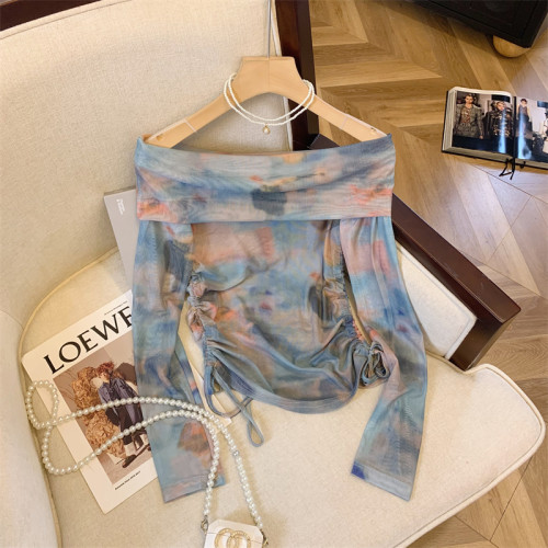 專櫃撤廻剪標美式辣妹暈染露肩長袖T恤女夏季新款時髦抽繩短上衣