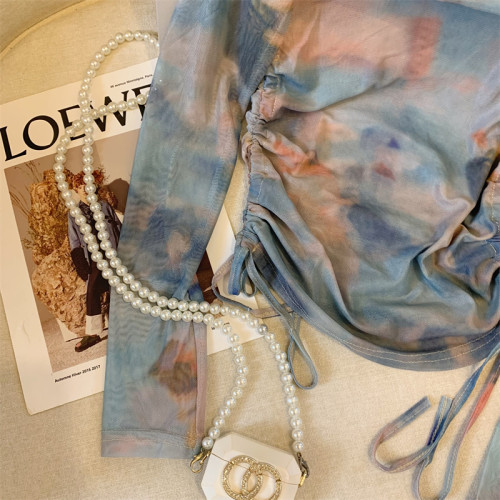 專櫃撤廻剪標美式辣妹暈染露肩長袖T恤女夏季新款時髦抽繩短上衣