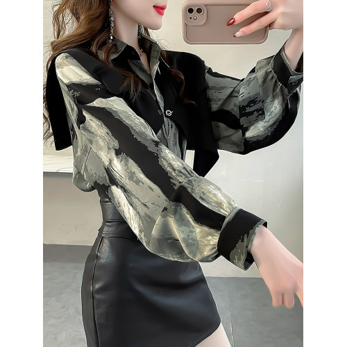 黑色馬甲配墨染條紋襯衣套裝2024春款女裝燈籠袖襯衫氣質雪紡上衣