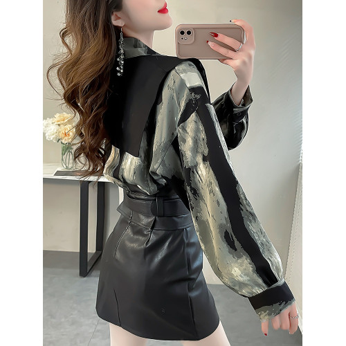 黑色馬甲配墨染條紋襯衣套裝2024春款女裝燈籠袖襯衫氣質雪紡上衣