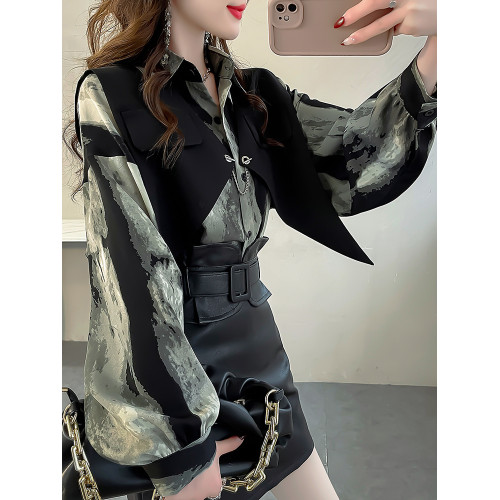 黑色馬甲配墨染條紋襯衣套裝2024春款女裝燈籠袖襯衫氣質雪紡上衣