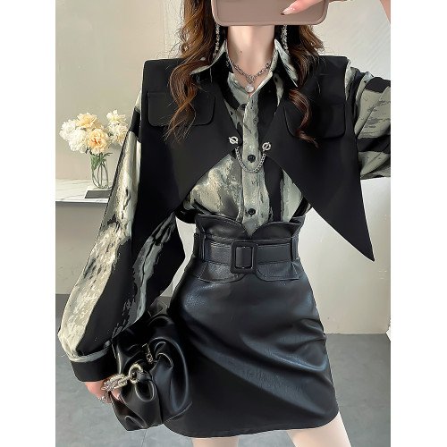 黑色馬甲配墨染條紋襯衣套裝2024春款女裝燈籠袖襯衫氣質雪紡上衣