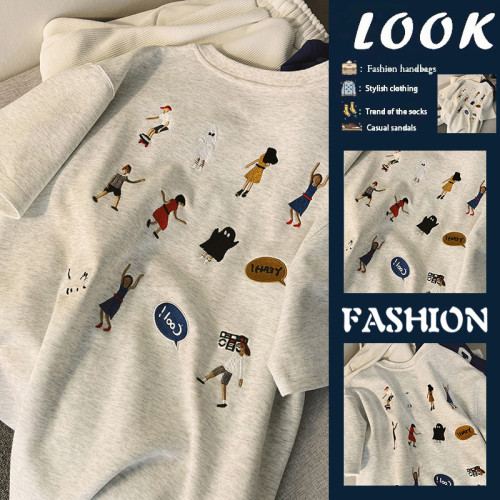 出口剪標撿漏~美式復古刺綉純棉短袖t恤女寬鬆大碼設計感