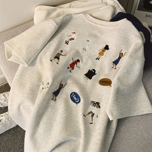 出口剪標撿漏~美式復古刺綉純棉短袖t恤女寬鬆大碼設計感