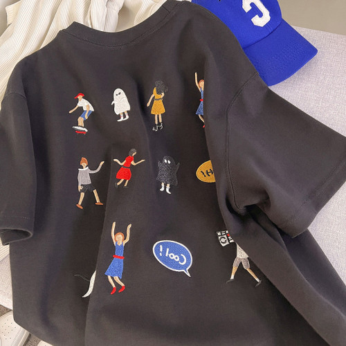 出口剪標撿漏~美式復古刺綉純棉短袖t恤女寬鬆大碼設計感