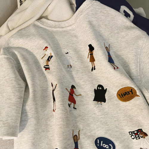 出口剪標撿漏~美式復古刺綉純棉短袖t恤女寬鬆大碼設計感