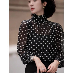 復古優雅港風黑色波點半高領長袖襯衫女春夏新款通勤洋氣顯瘦襯衣