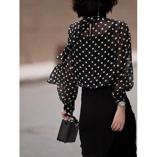 復古優雅港風黑色波點半高領長袖襯衫女春夏新款通勤洋氣顯瘦襯衣