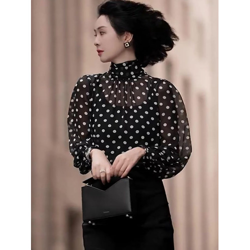 復古優雅港風黑色波點半高領長袖襯衫女春夏新款通勤洋氣顯瘦襯衣