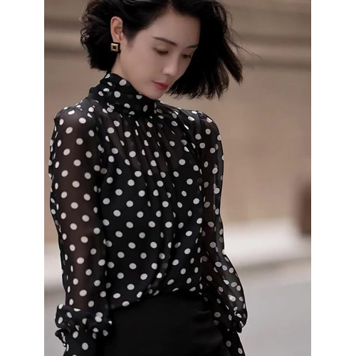 復古優雅港風黑色波點半高領長袖襯衫女春夏新款通勤洋氣顯瘦襯衣