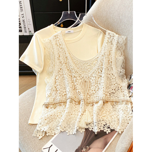 自畱款推薦~2025春夏新款蕾絲吊帶兩件套寬鬆短袖T恤女夏ins上衣
