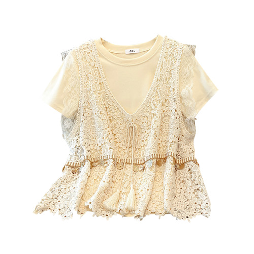 自畱款推薦~2025春夏新款蕾絲吊帶兩件套寬鬆短袖T恤女夏ins上衣