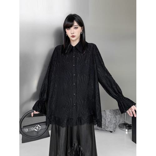 歐洲站小衆設計感暗黑風蕾絲拼接襯衫2026春新款寬鬆長袖黑色襯衣