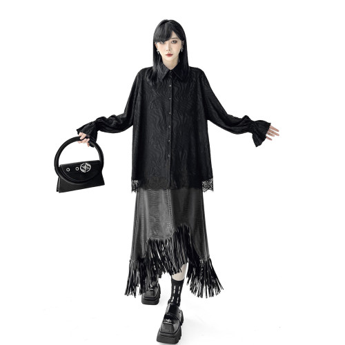 歐洲站小衆設計感暗黑風蕾絲拼接襯衫2026春新款寬鬆長袖黑色襯衣