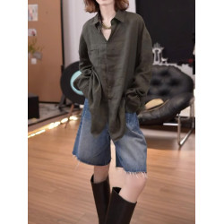 亞麻純色口袋中長款長袖開衫女2026新款寬鬆百搭休閒襯衫純色上衣