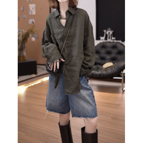 亞麻純色口袋中長款長袖開衫女2026新款寬鬆百搭休閒襯衫純色上衣