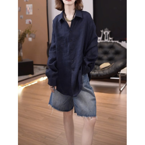 亞麻純色口袋中長款長袖開衫女2026新款寬鬆百搭休閒襯衫純色上衣