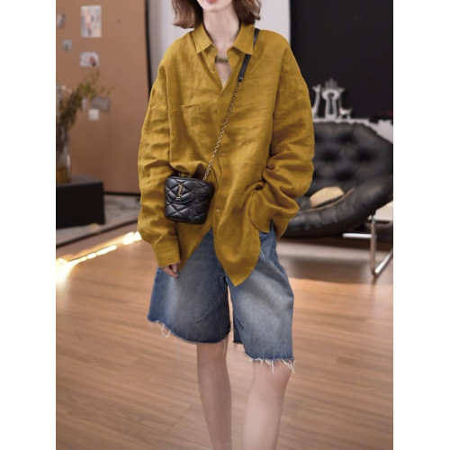 亞麻純色口袋中長款長袖開衫女2026新款寬鬆百搭休閒襯衫純色上衣